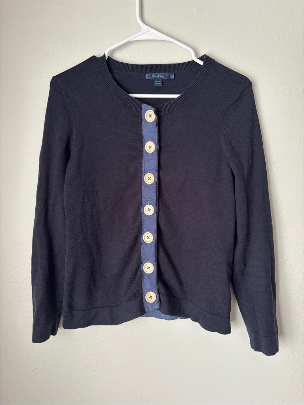 Boden Black Cardigan with Blue Trim and Contrast Buttons